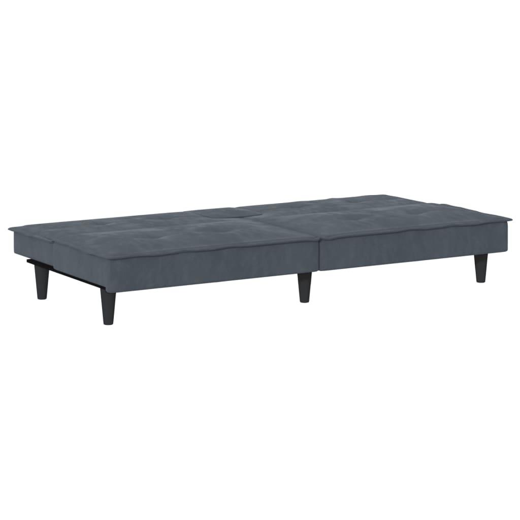 Sofa Bed with Cup Holders Dark Grey Velvet
