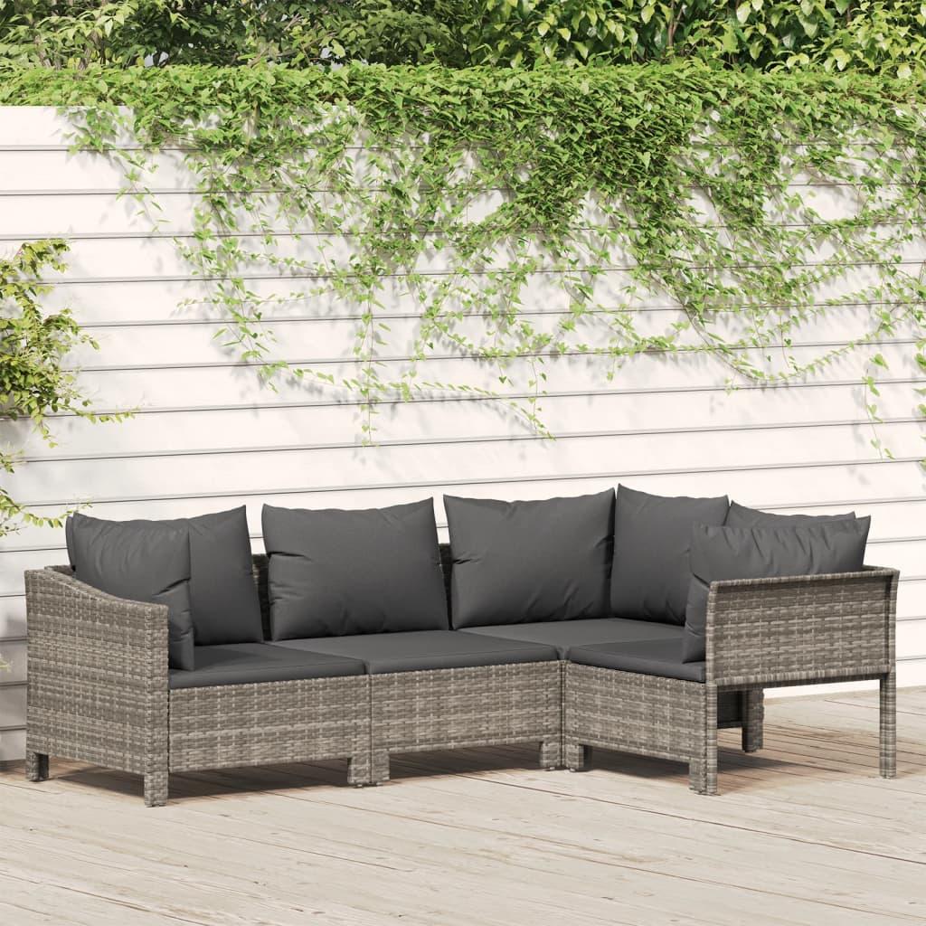 4 Piece Garden Lounge Set with Cushions Grey Poly Rattan