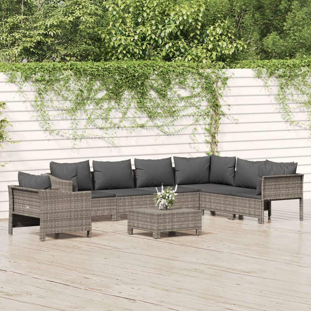 8 Piece Garden Lounge Set with Cushions Grey Poly Rattan