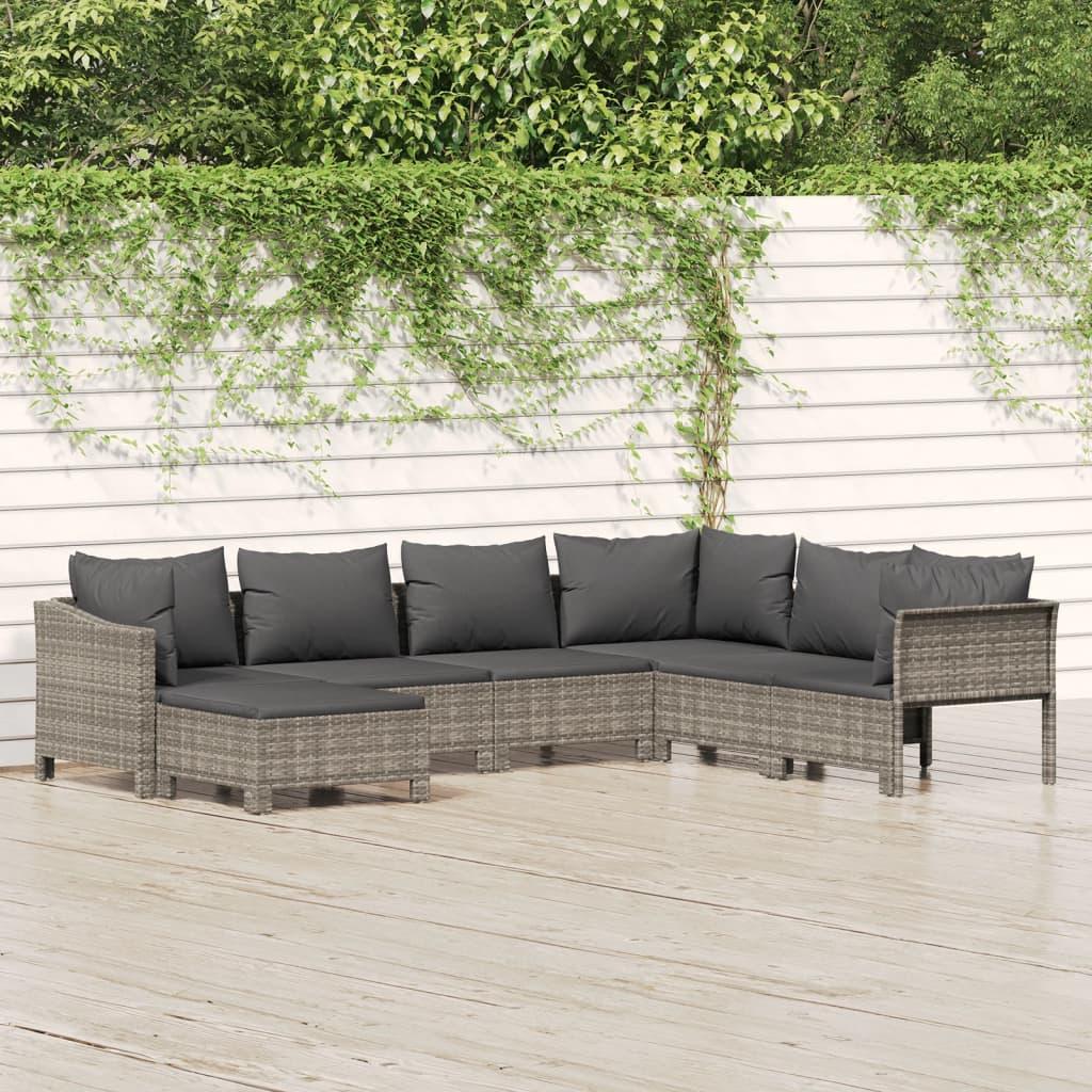 7 Piece Garden Lounge Set with Cushions Grey Poly Rattan