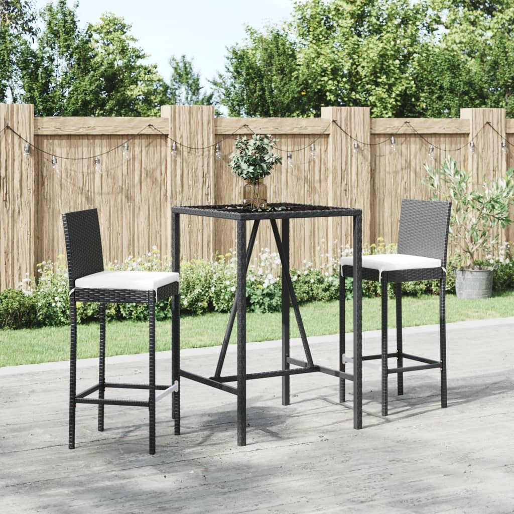 3 Piece Outdoor Bar Set with Cushions Black Poly Rattan