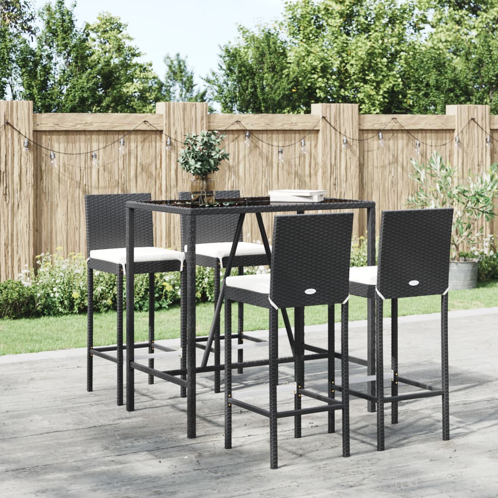 5 Piece Outdoor Bar Set with Cushions Black Poly Rattan