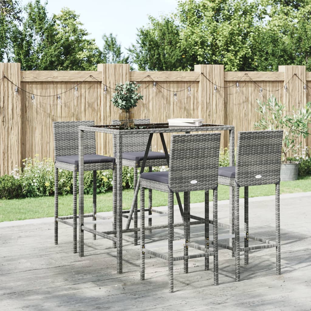 5 Piece Outdoor Bar Set with Cushions Grey Poly Rattan