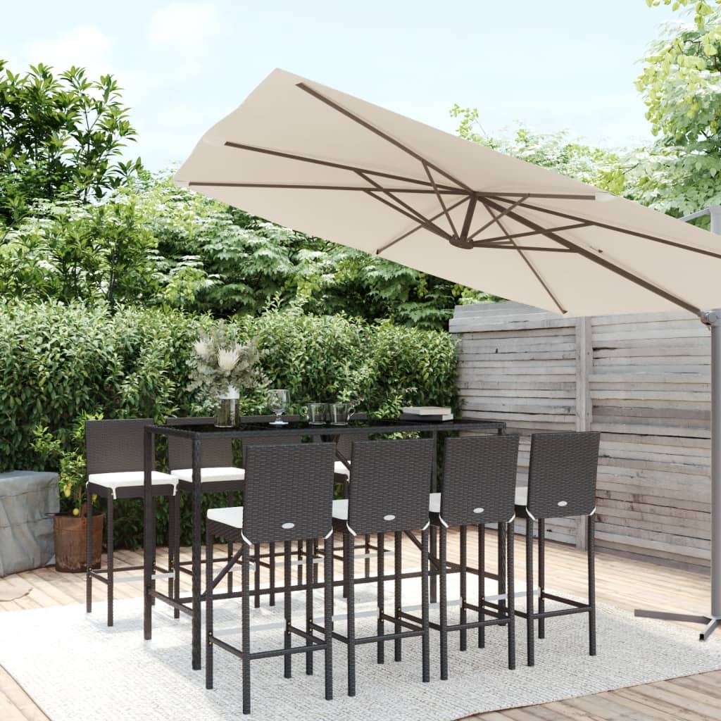 9 Piece Outdoor Bar Set with Cushions Black Poly Rattan