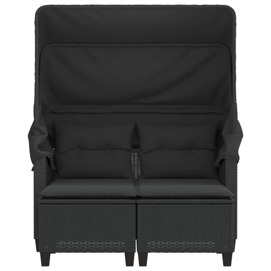 Garden Sofa 2-Seater with Canopy and Stools Black Poly Rattan