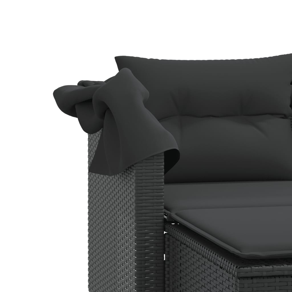 Garden Sofa 2-Seater with Canopy and Stools Black Poly Rattan