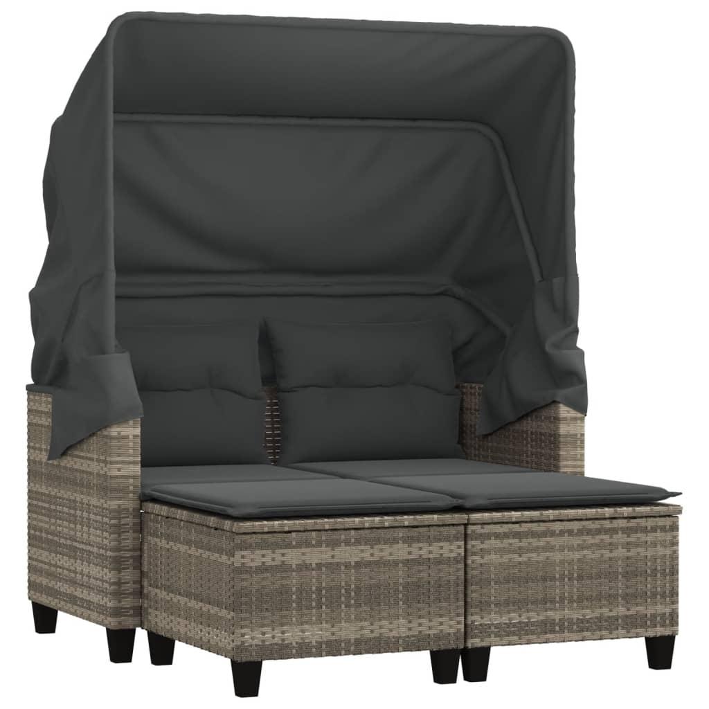 Garden Sofa 2-Seater with Canopy and Stools Light Grey Poly Rattan