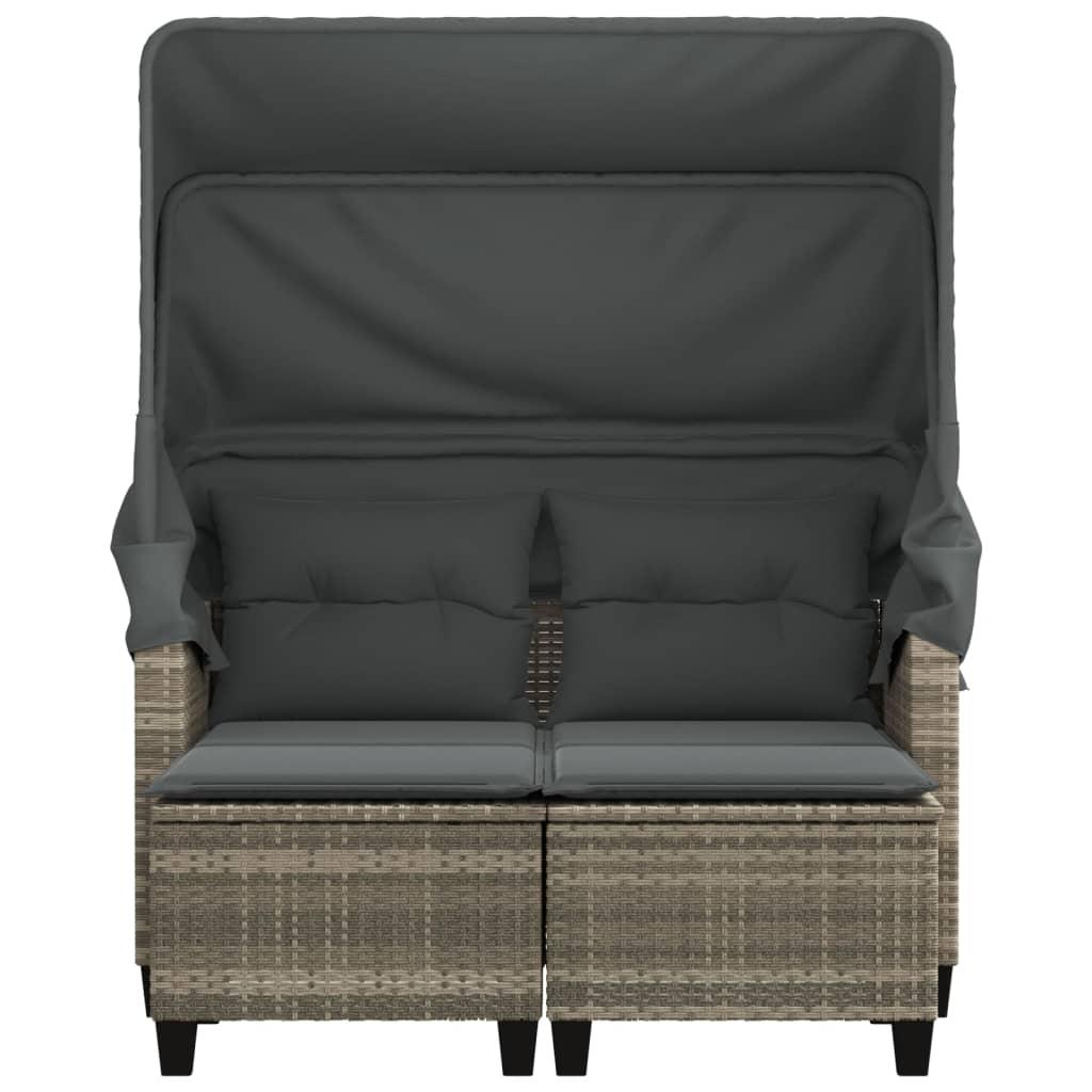 Garden Sofa 2-Seater with Canopy and Stools Light Grey Poly Rattan