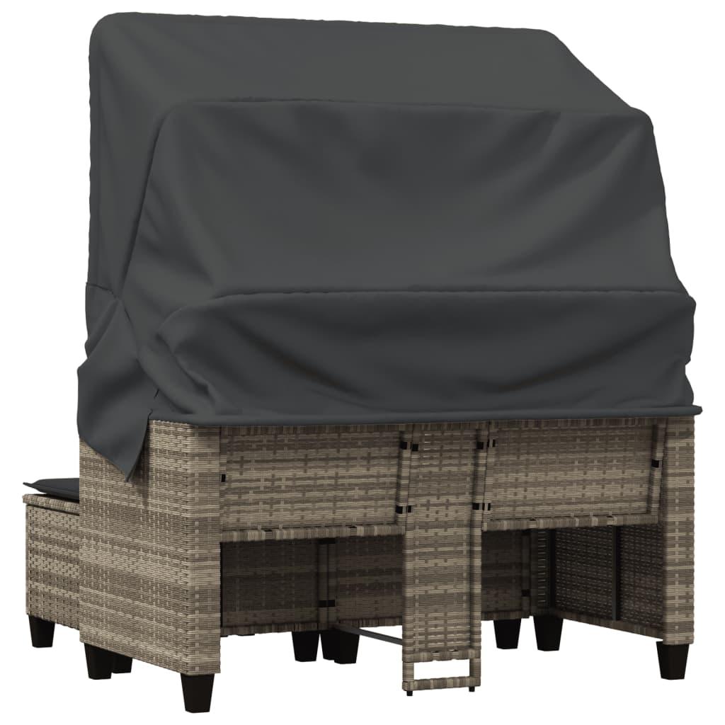 Garden Sofa 2-Seater with Canopy and Stools Light Grey Poly Rattan