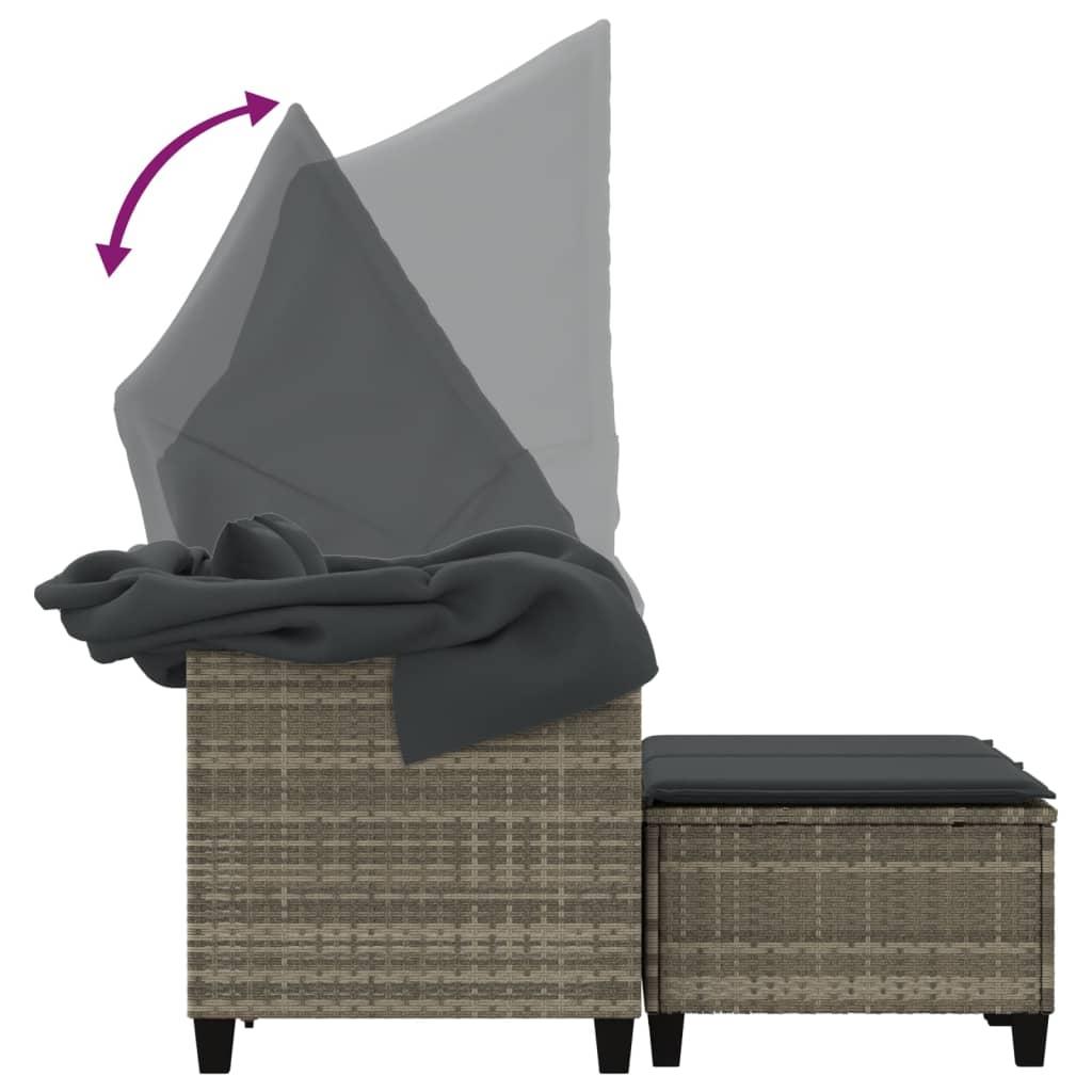 Garden Sofa 2-Seater with Canopy and Stools Light Grey Poly Rattan