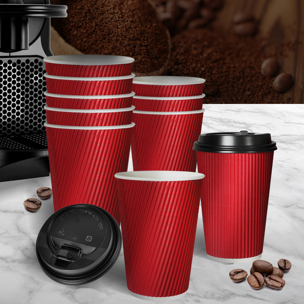 100 Pcs 12oz Disposable Takeaway Coffee Paper Cups Triple Wall Take Away w Lids