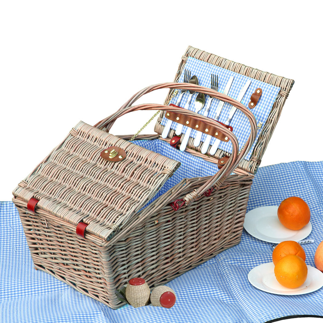 4 Person Picnic Basket Baskets Set Outdoor Blanket Wicker Deluxe Folding Handle