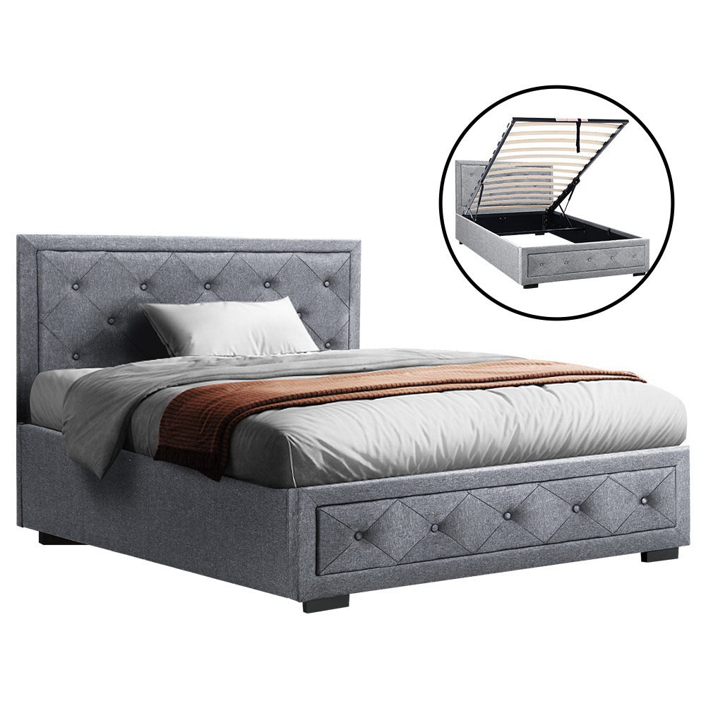 Artiss Tiyo Bed Frame Fabric Gas Lift Storage - Grey Queen