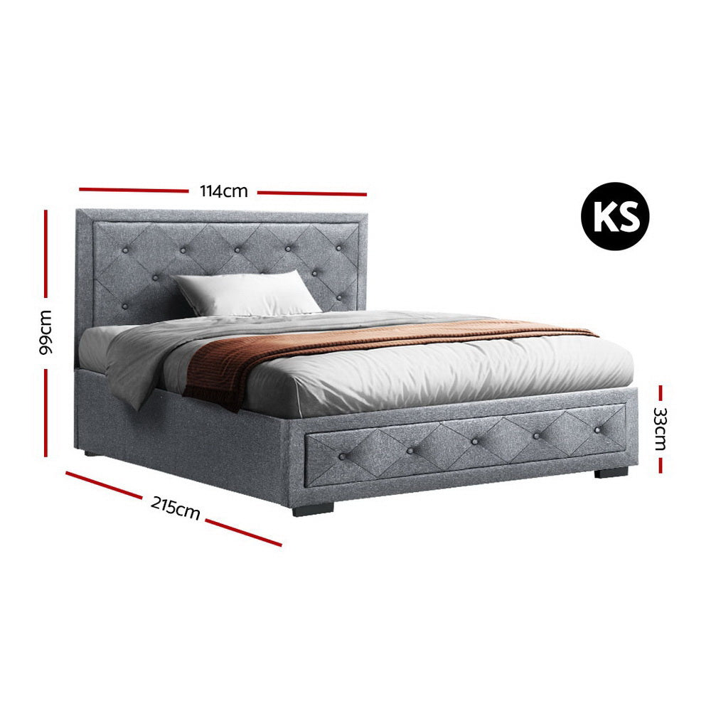 Artiss Tiyo Bed Frame Fabric Gas Lift Storage - Grey Queen