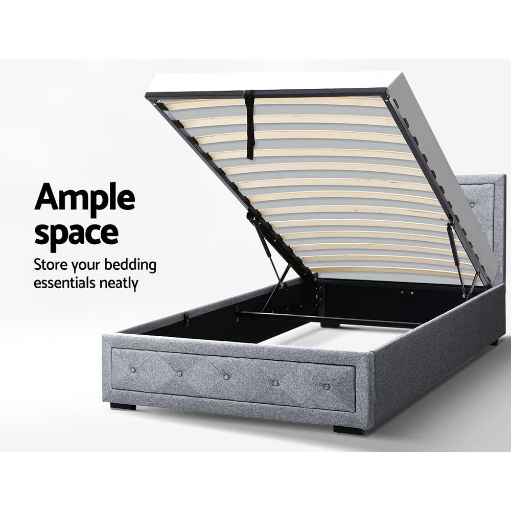 Artiss Tiyo Bed Frame Fabric Gas Lift Storage - Grey Queen