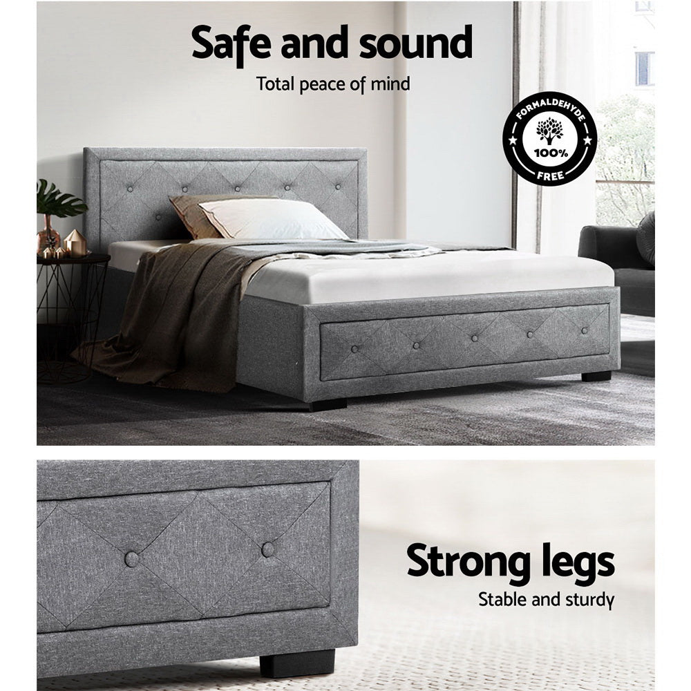 Artiss Tiyo Bed Frame Fabric Gas Lift Storage - Grey Queen