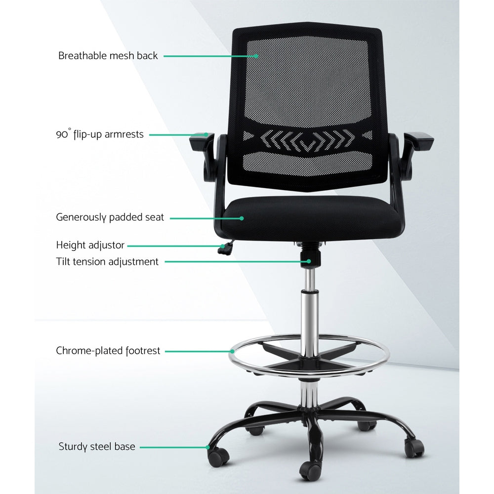 Artiss Office Chair Veer Drafting Stool Mesh Chairs Flip Up Armrest Black