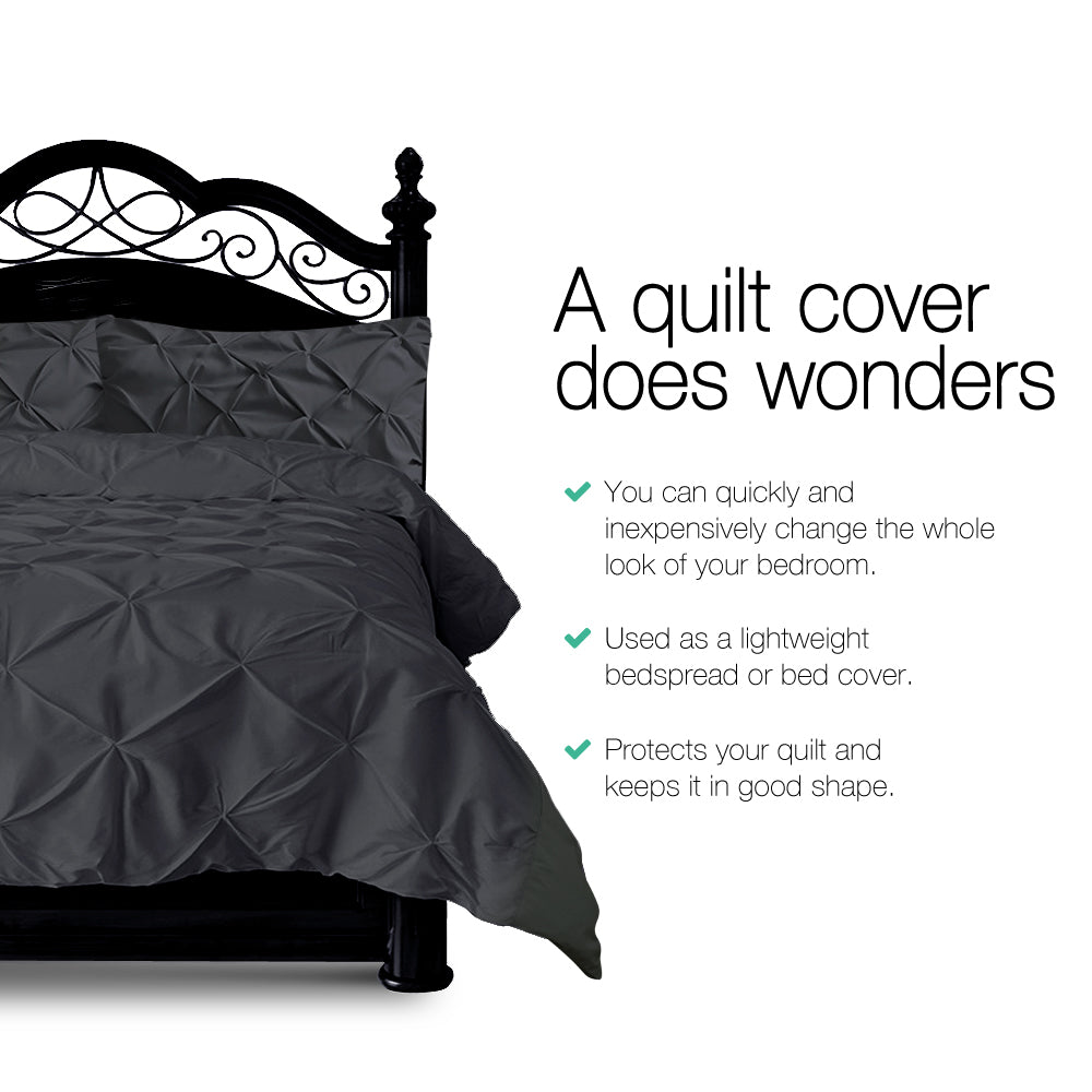 Giselle Cotton Quilt Cover Set Queen Bed Pinch Pleat Diamond Duvet Doona Black
