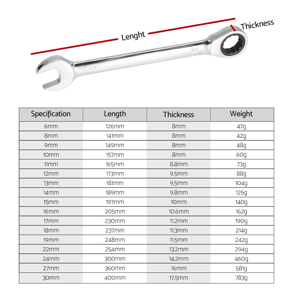 Giantz 17 PCS 6MM-30MM Ratchet Spanner Set Metric Open CR-V w/ Rolling Pouch