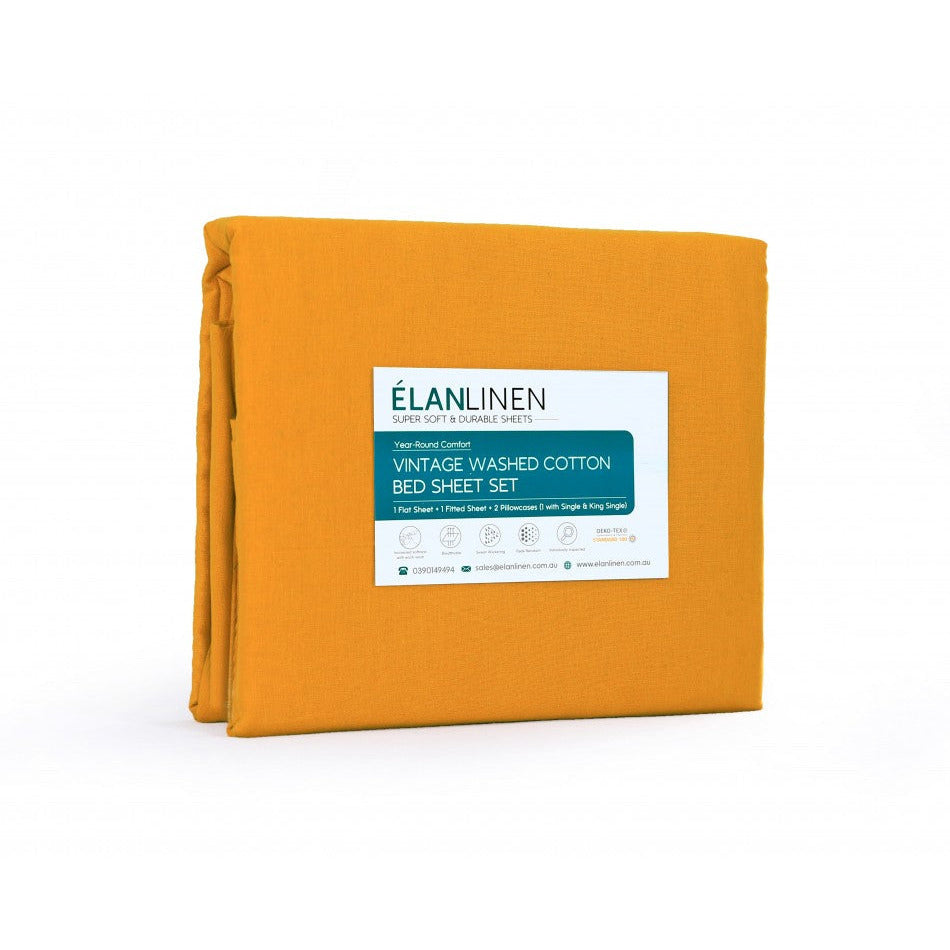 Elan Linen 100% Egyptian Cotton Vintage Washed 500TC Mustard Single Bed Sheets Set