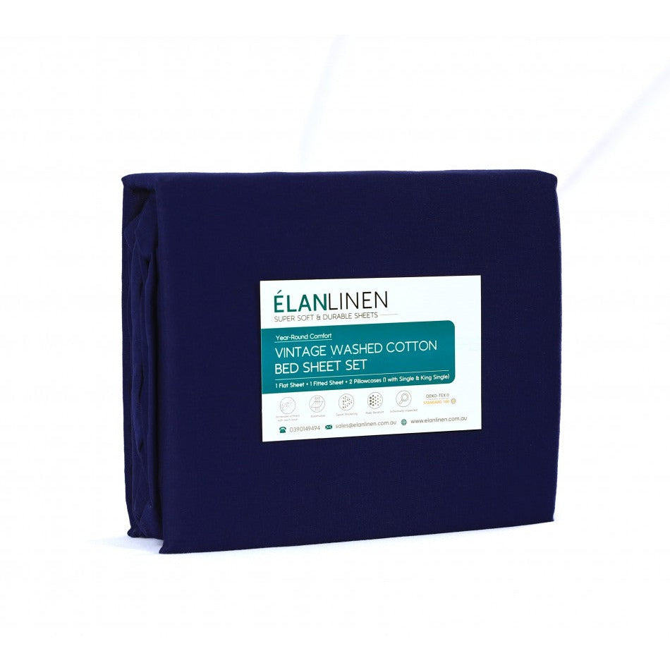 Elan Linen 100% Egyptian Cotton Vintage Washed 500TC Navy Blue Single Bed Sheets Set