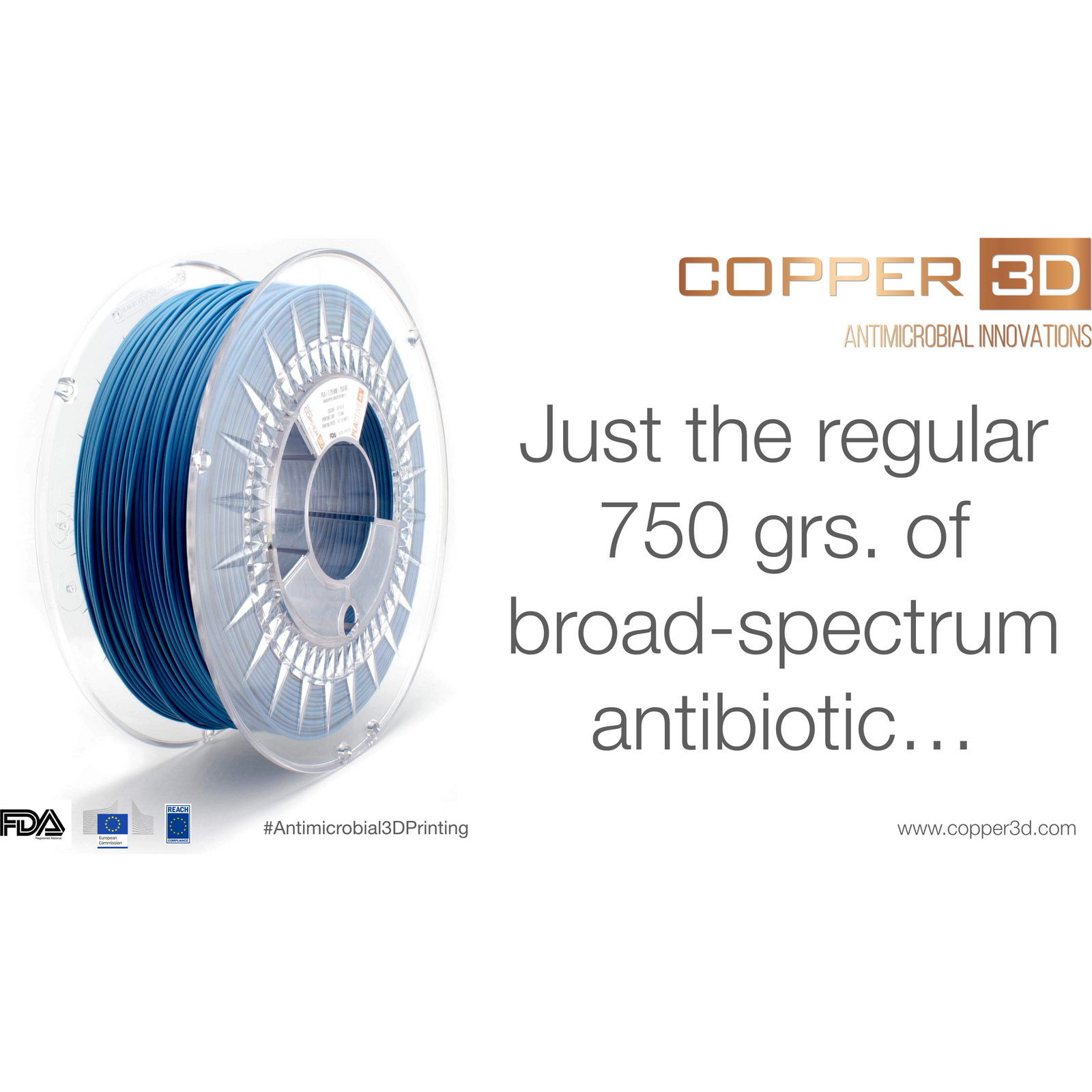 PLA Filament Copper 3D PLActive - Innovative Antibacterial 1.75mm 750gram Sky Blue Color 3D Printer Filament