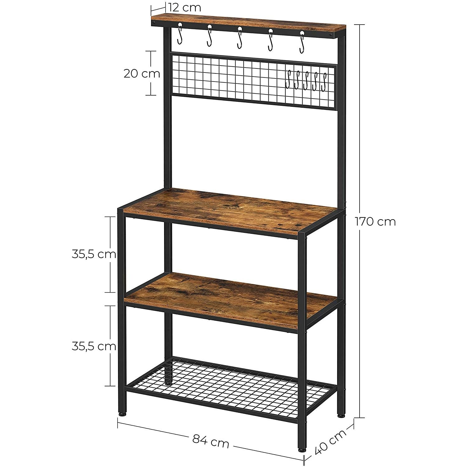 Industrial Kitchen Baker's Rack with Storage Shelves 10 Hooks and Metal Mesh Shelf 84 x 40 x 170 cm Rustic Brown