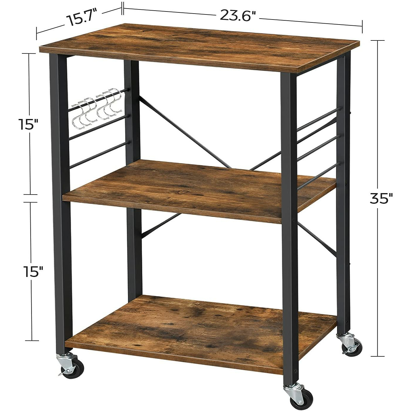 Kitchen Baker's Rack, 3-Tier Serving Cart with Metal Frame and 6 Hooks, Rustic Brown