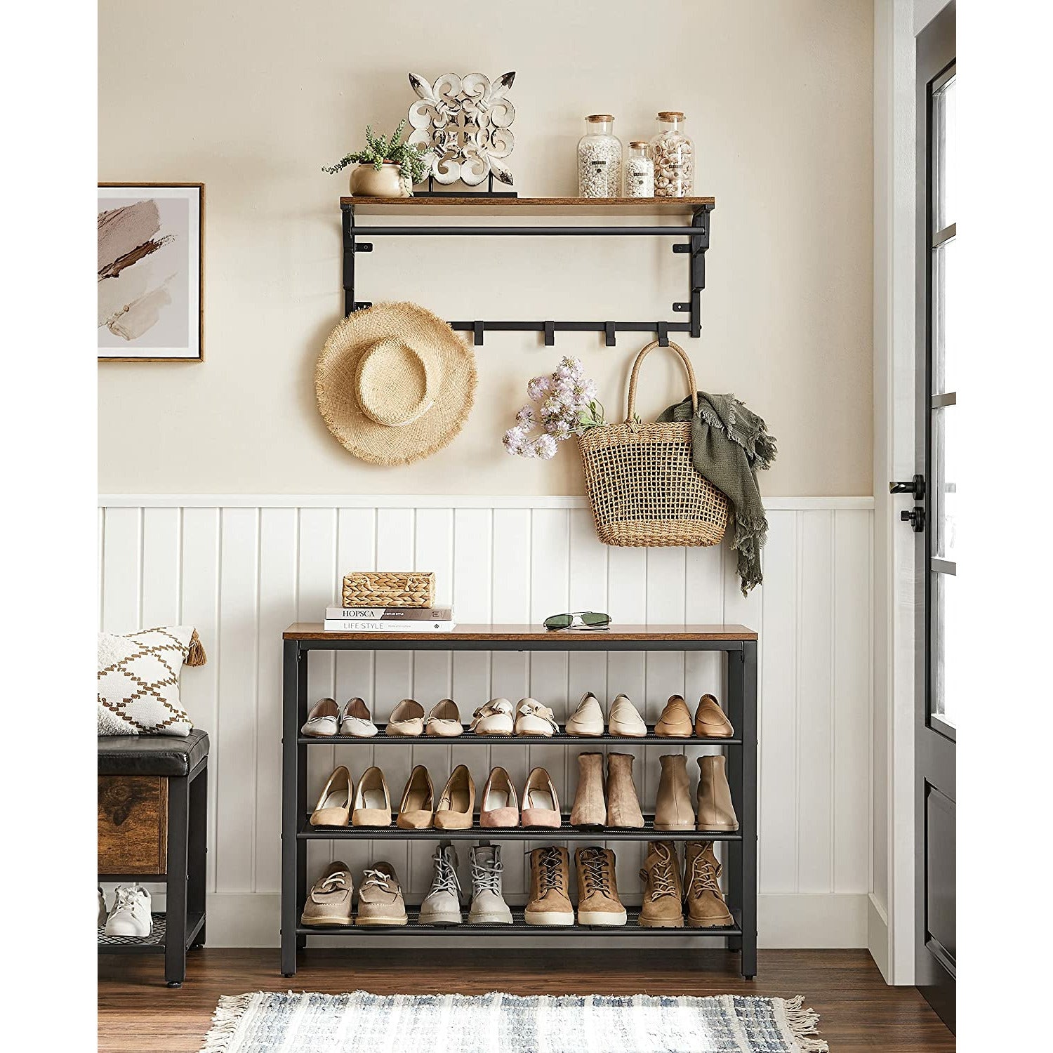 Shoe Rack with 3 Mesh Shelves Rustic Brown and Black