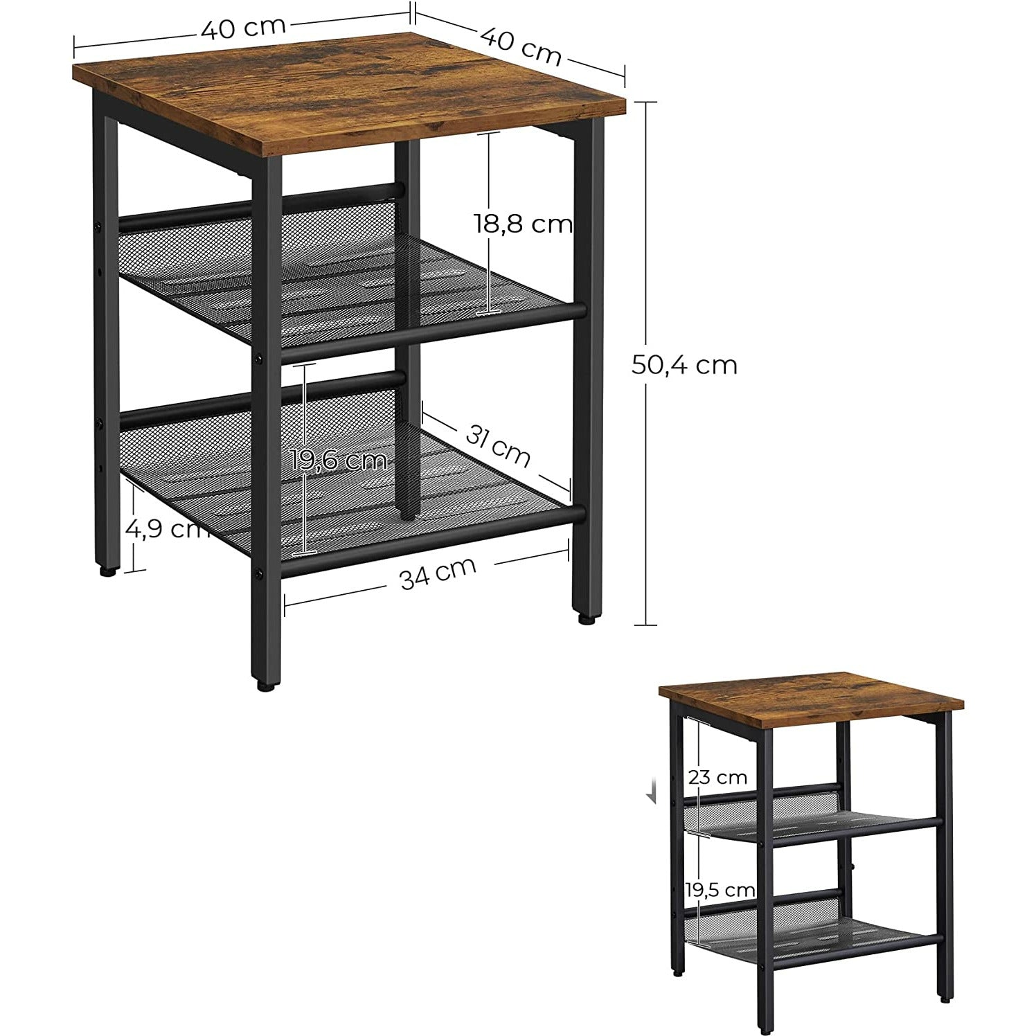 Industrial Set of 2 Bedside Tables with Adjustable Mesh Shelves Rustic Brown and Black