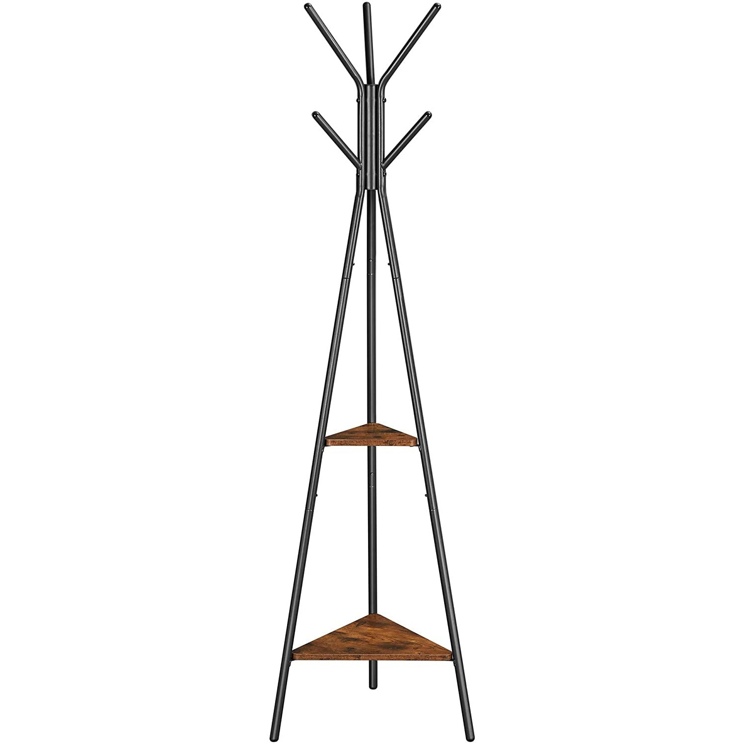 Black Coat Rack Stand Industrial Style 2 Shelves Clothes