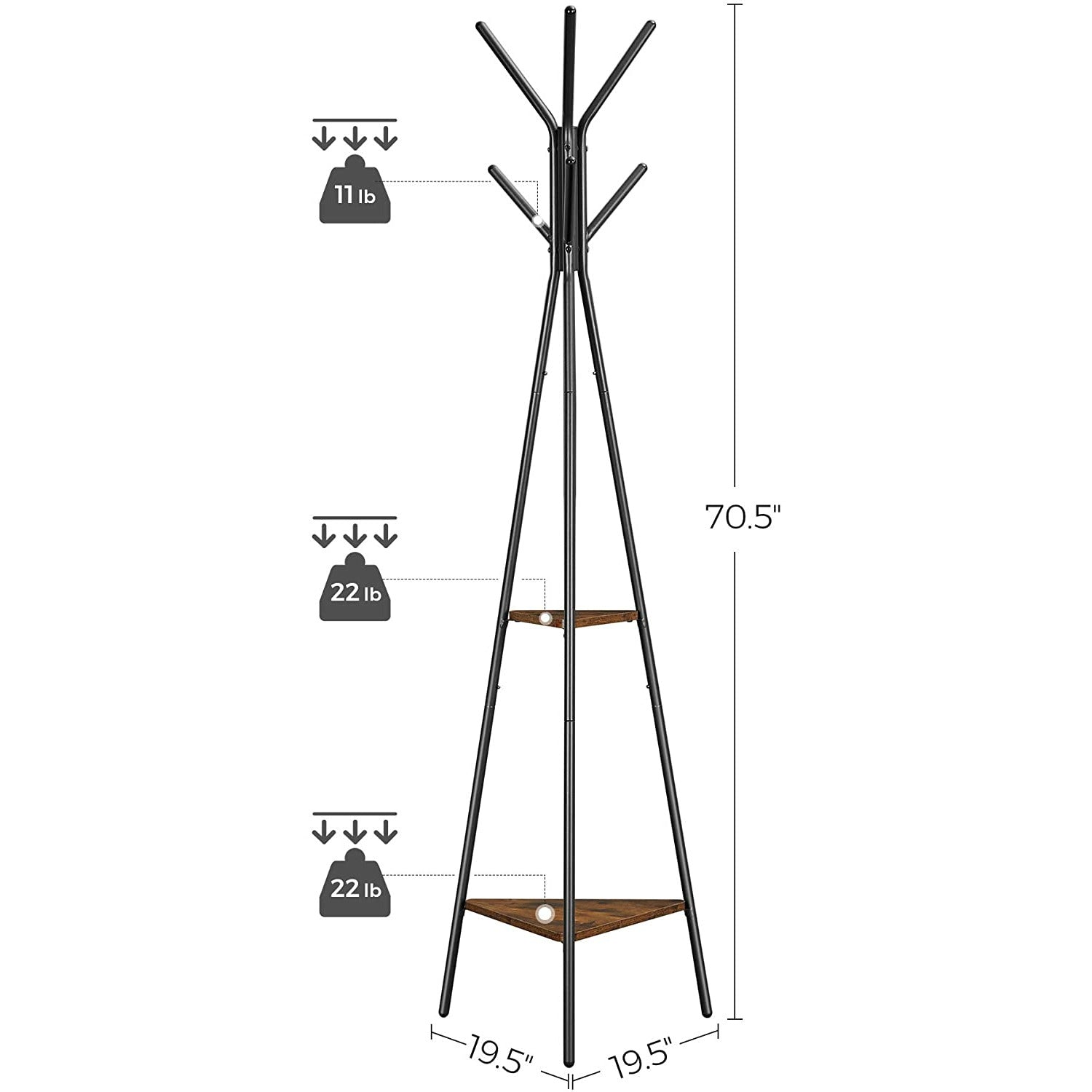 Black Coat Rack Stand Industrial Style 2 Shelves Clothes