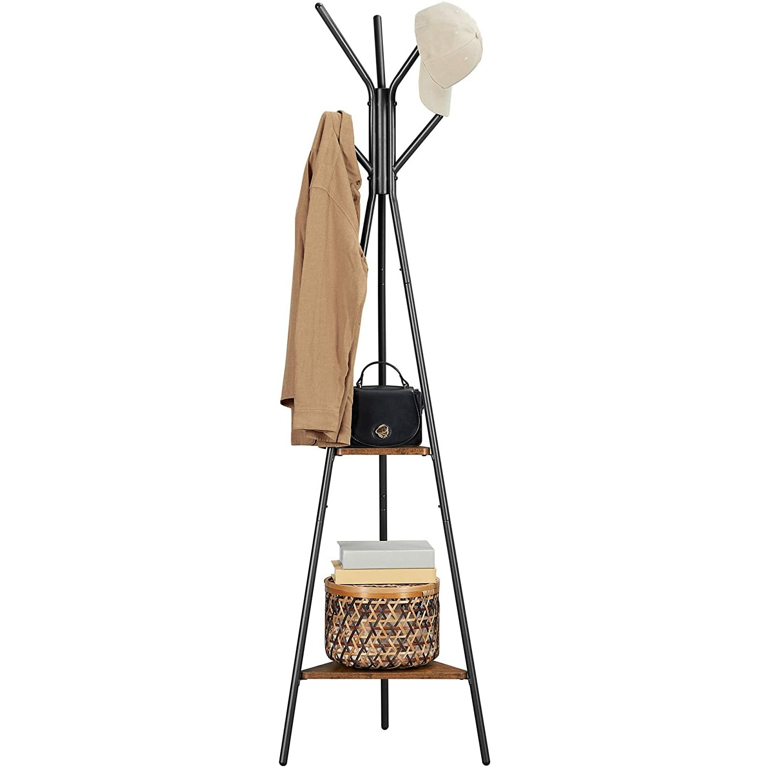 Black Coat Rack Stand Industrial Style 2 Shelves Clothes