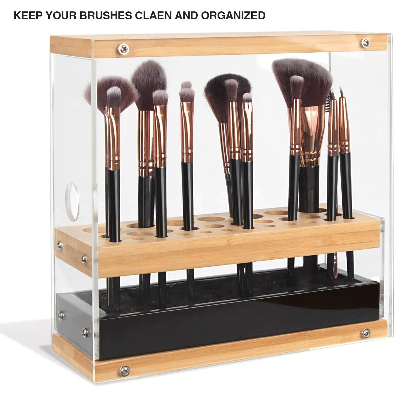31 Holes Acrylic Bamboo Brush Holder Organiser Beauty Cosmetic Display Stand with Leather Drawer Black (22.3 x 8.6 x 21.5 cm)