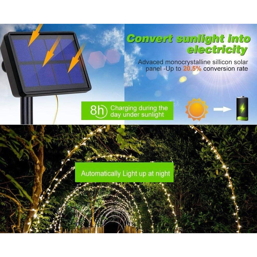 20m 200 LED Solar Powered Outdoor Lights with 8 Lighting Modes and Waterproof for Home,Garden and Decoration