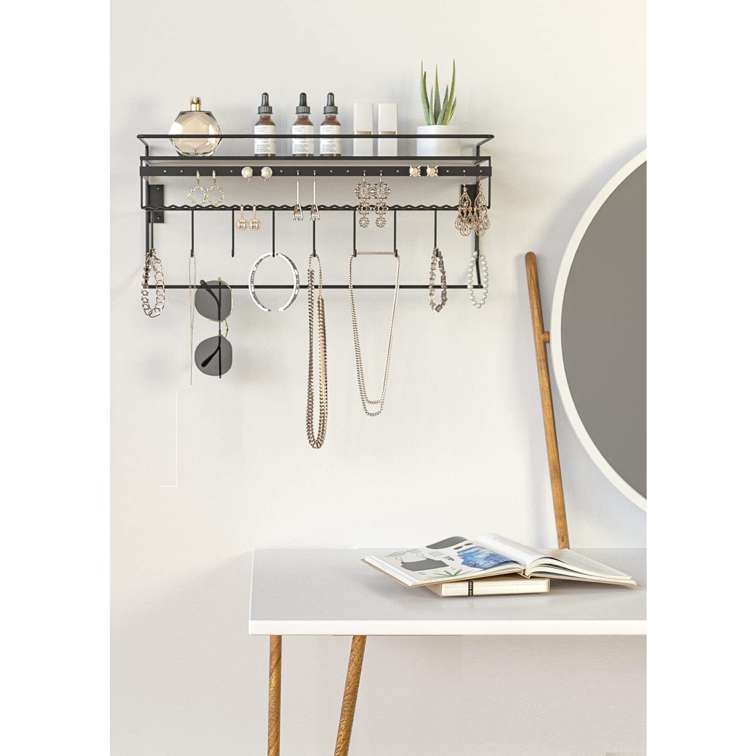 Wall Mounted Classic Black Iron Designer for Cosmetics and Jewelry Storage Shelf