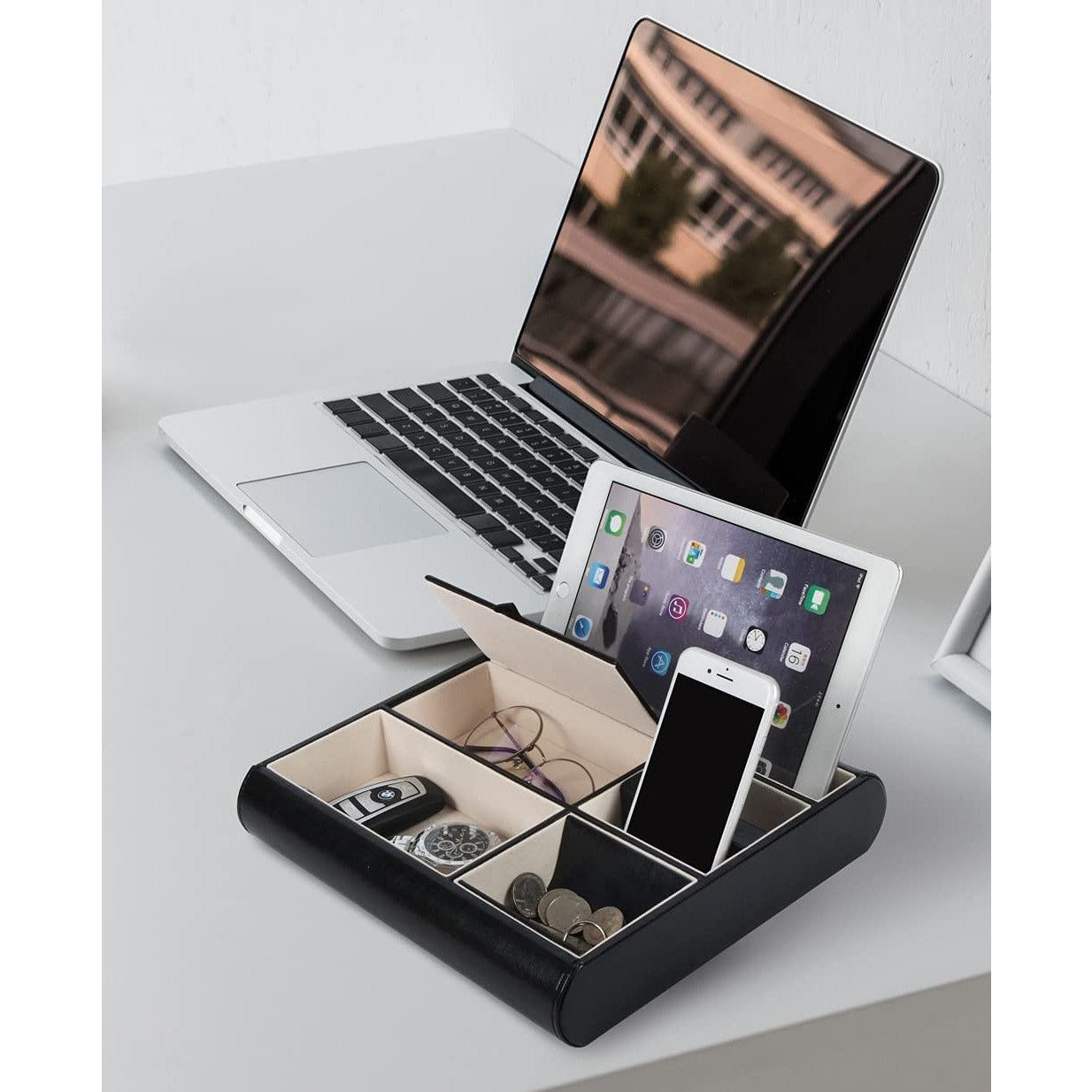 Valet Tray Leather Multi Catch Storage Box for Jewellery Accessories, Keys, Phone, Wallet, Coin, Jewellery (Black)