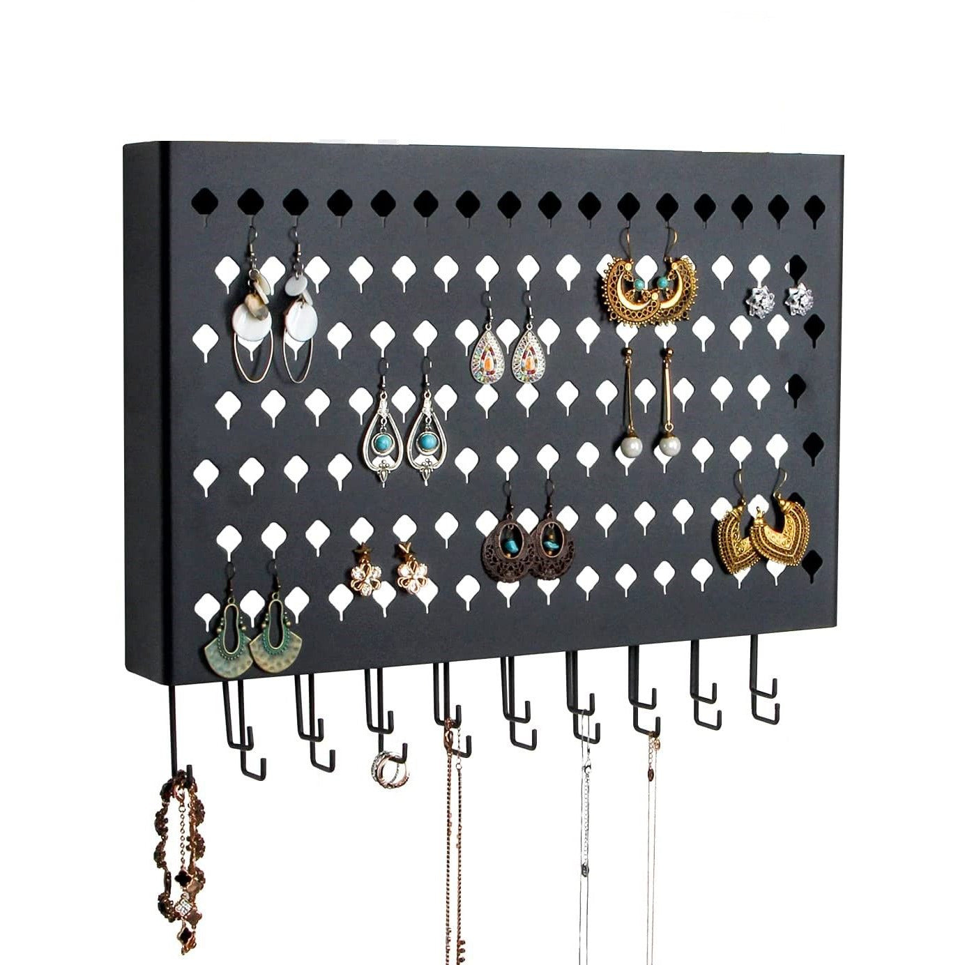 Wall Mount Earring Jewelry Hanger Organizer Holder with 109 Holes and 19 Hooks (Black)