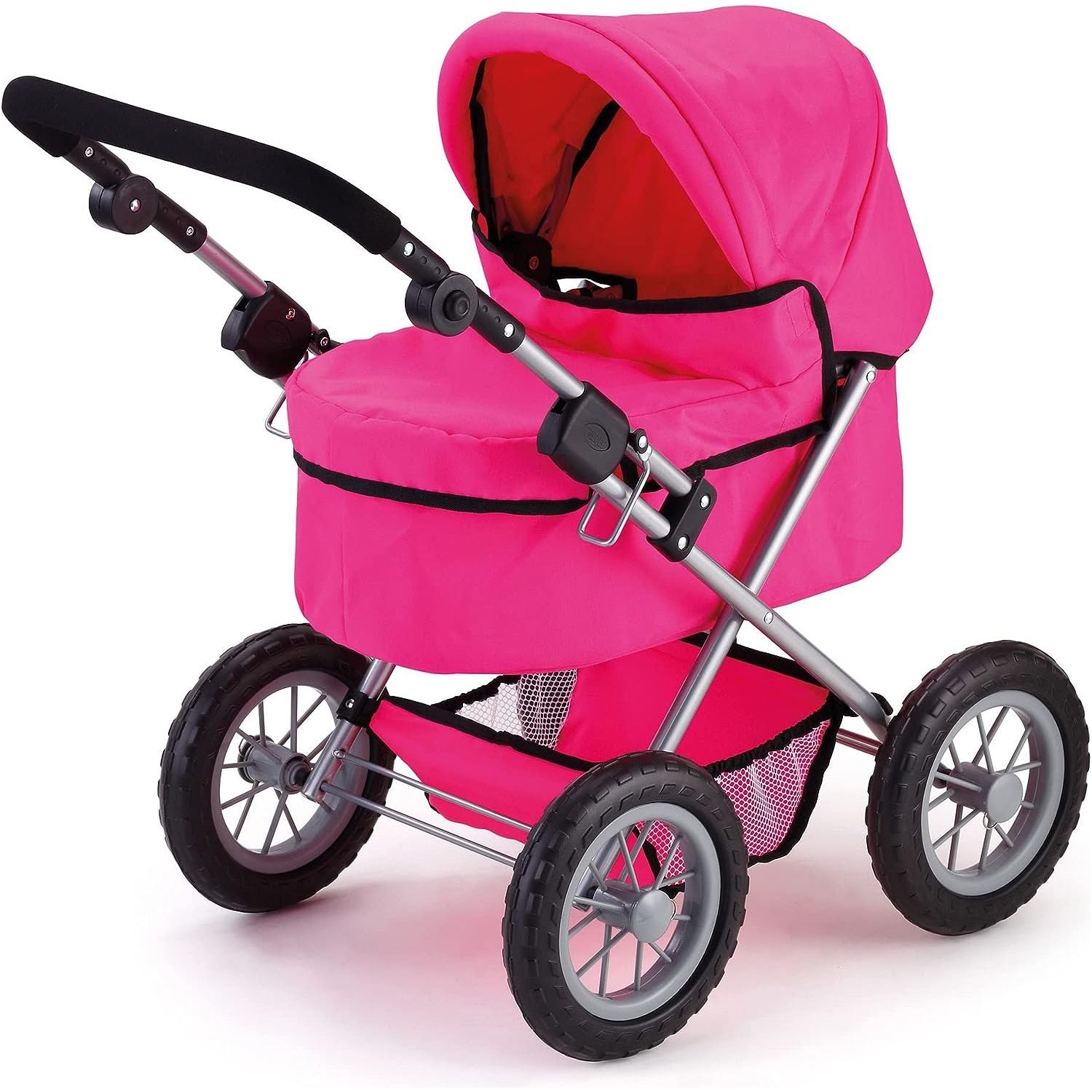 Foldable Dolls Pram with Height-Adjustable Handle and Shoulder Bag, Stable, Pink