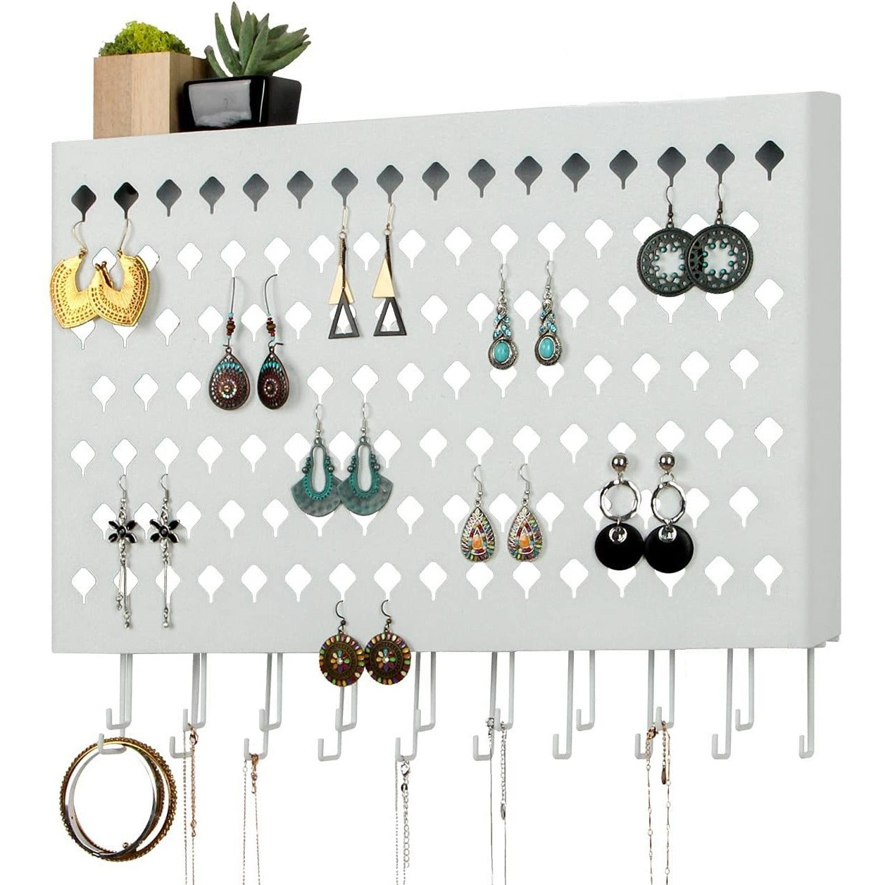 Wall Mount Earring Jewelry Hanger Organizer Holder with 109 Holes and 19 Hooks (White)