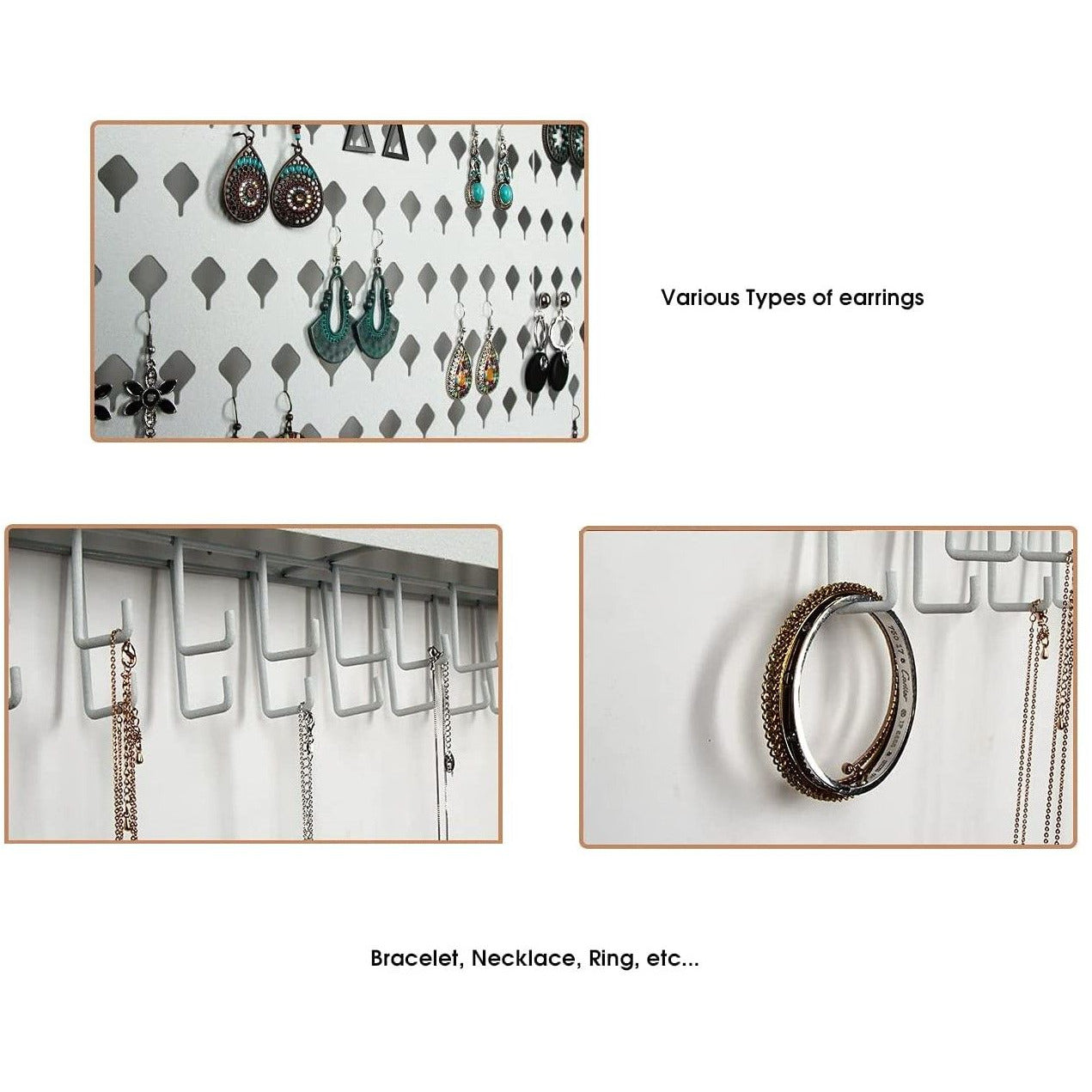 Wall Mount Earring Jewelry Hanger Organizer Holder with 109 Holes and 19 Hooks (White)