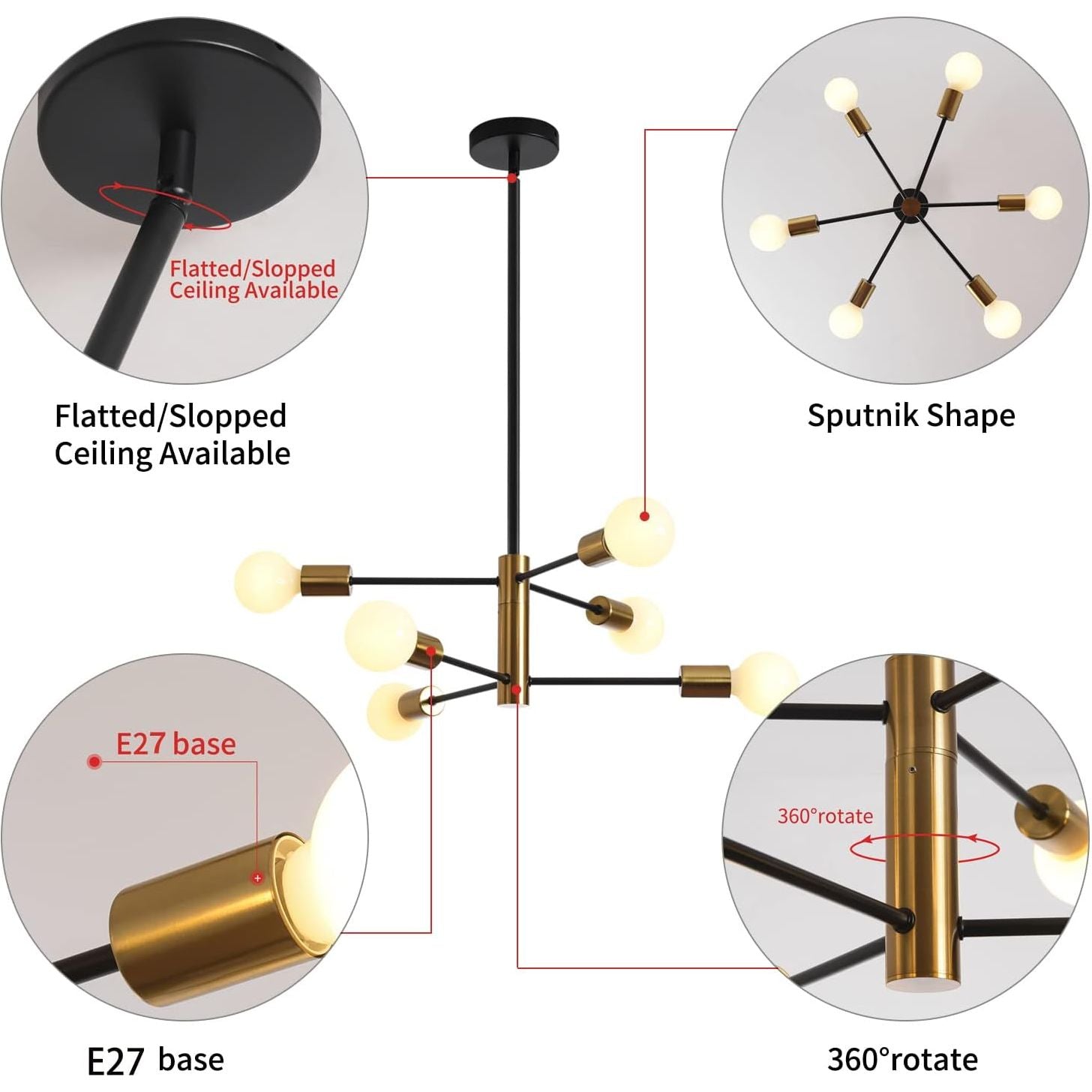Sputnik Chandelier Modern Industrial, 6-Light , Black & Gold