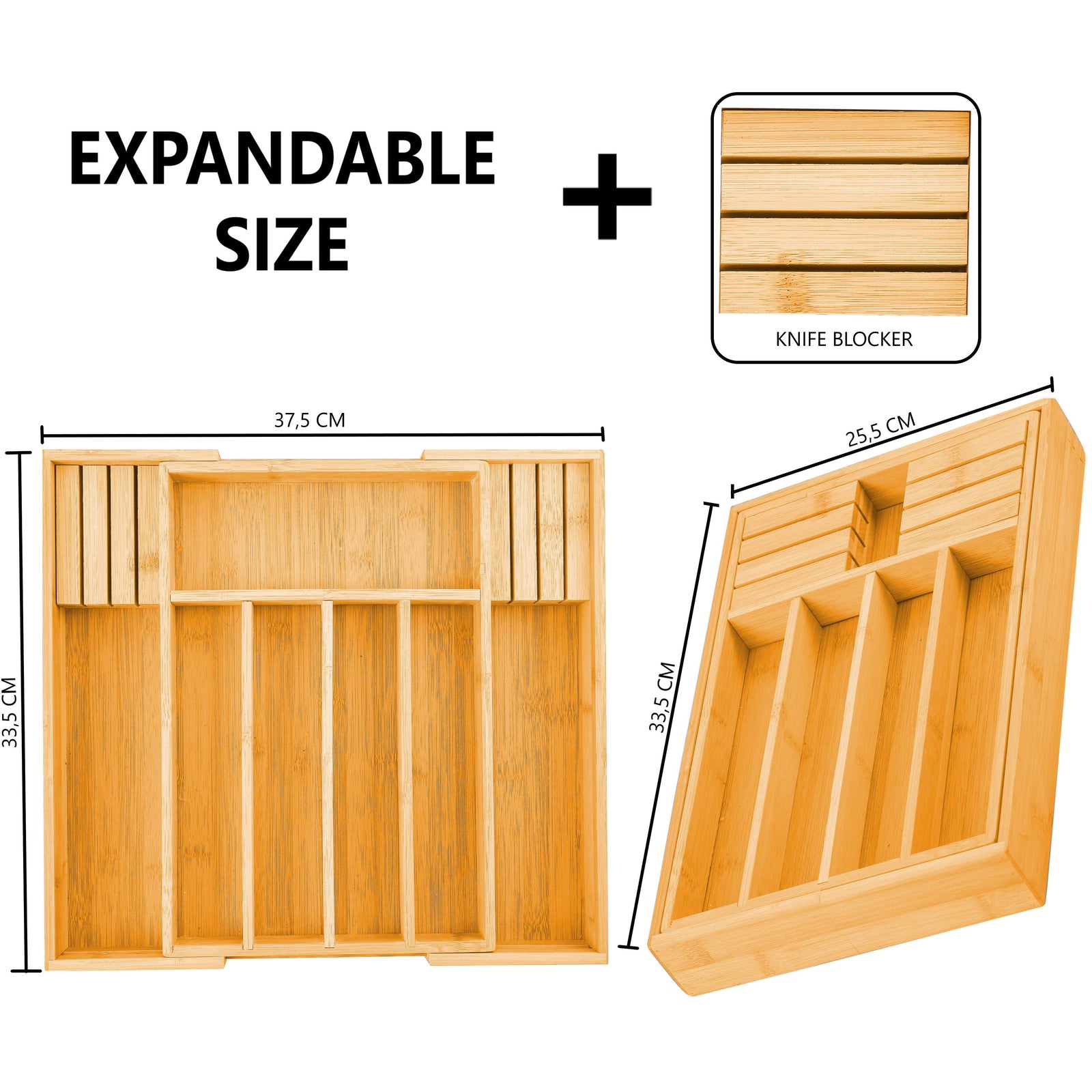 Large Capacity Bamboo Expandable Drawer Organizer with Knife Block Holder for Home Kitchen Utensils