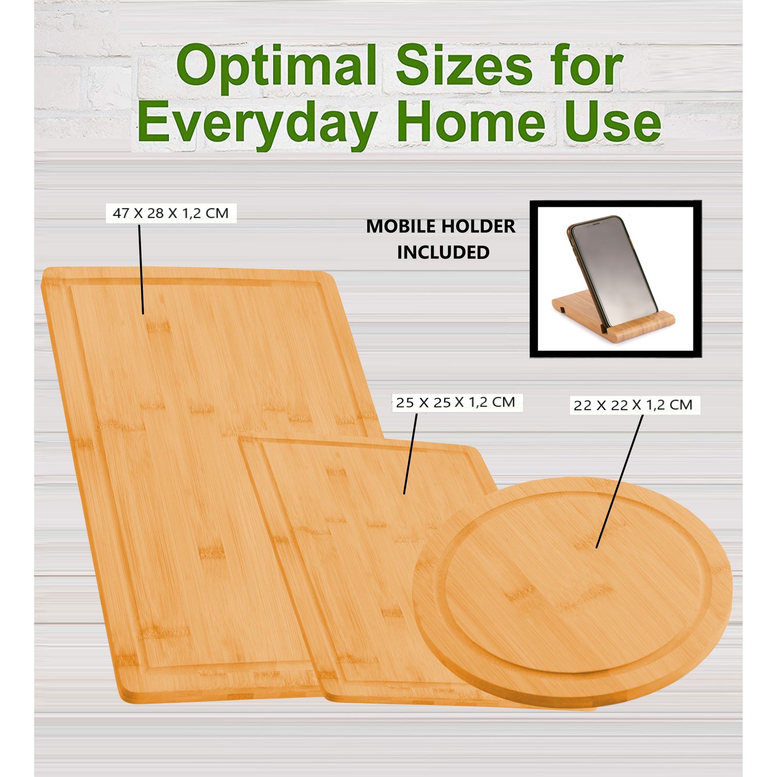 3 Pieces Bamboo Cutting Board with Juice Groove and Mobile Holder included for Home Kitchen