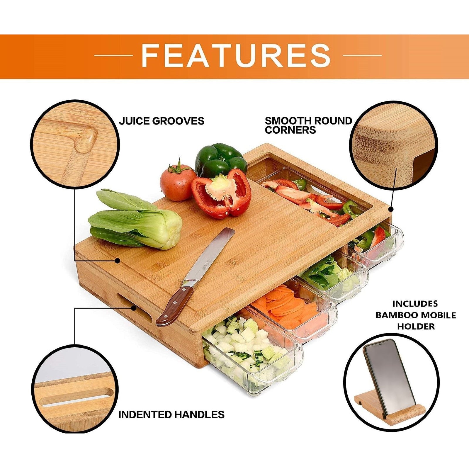 Large Bamboo Cutting Board and 4 Containers with Mobile Holder gift included for Home Kitchen