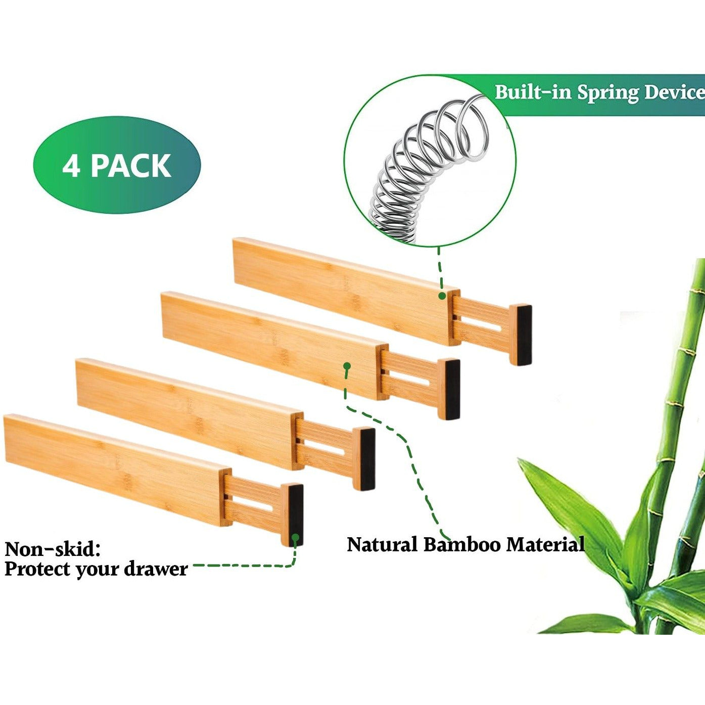 4 Pack Bamboo Adjustable Kitchen Drawer Dividers (Large, 44-55 cm)