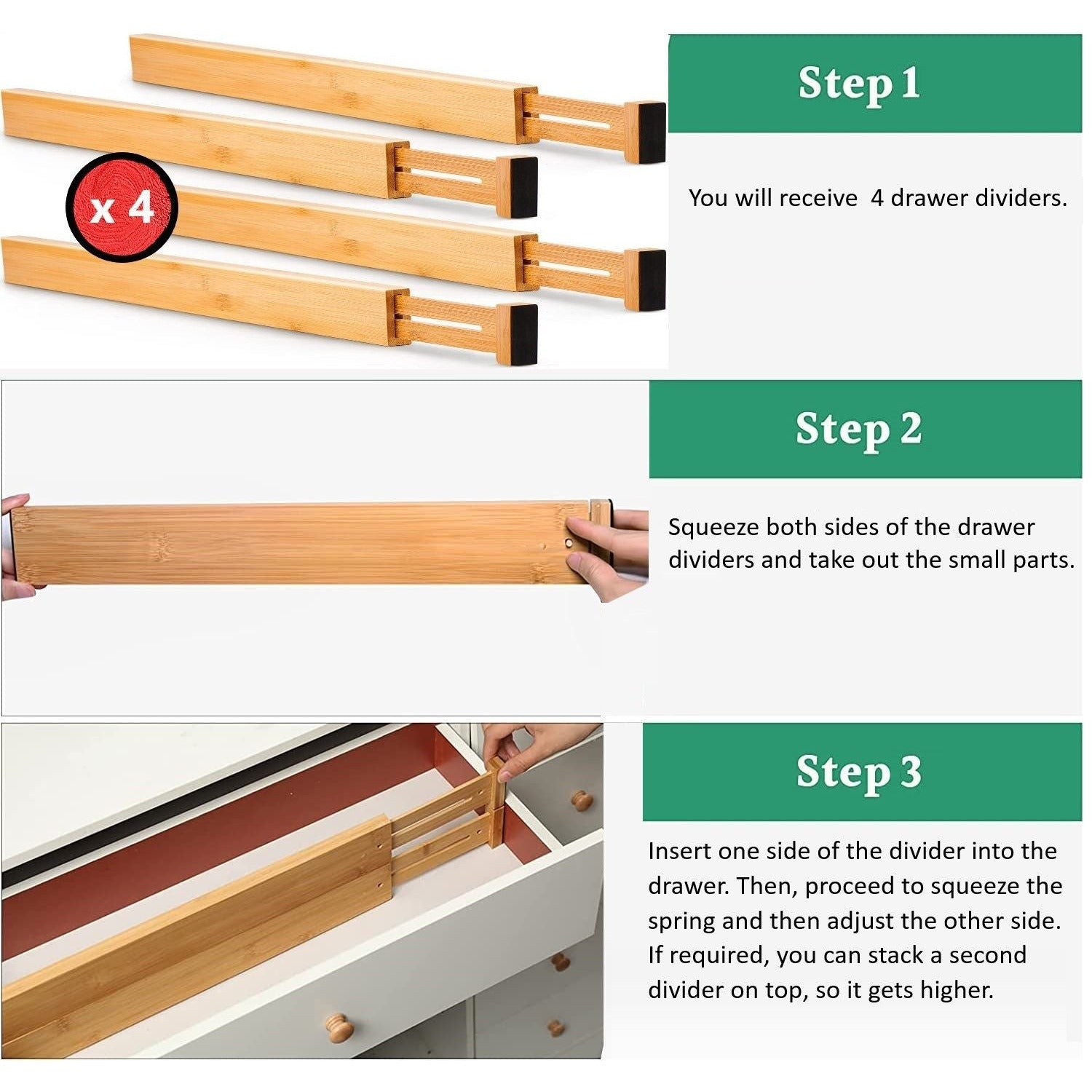 4 Pack Bamboo Adjustable Kitchen Drawer Dividers (Large, 44-55 cm)