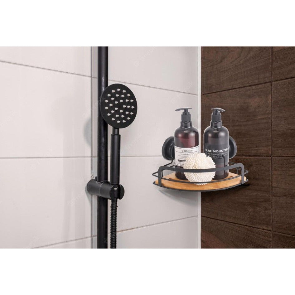 2 Pack Round Bamboo Corner Shower Caddy Shelf Basket Rack with Premium Vacuum Suction Cup No-Drilling for Bathroom and Kitchen