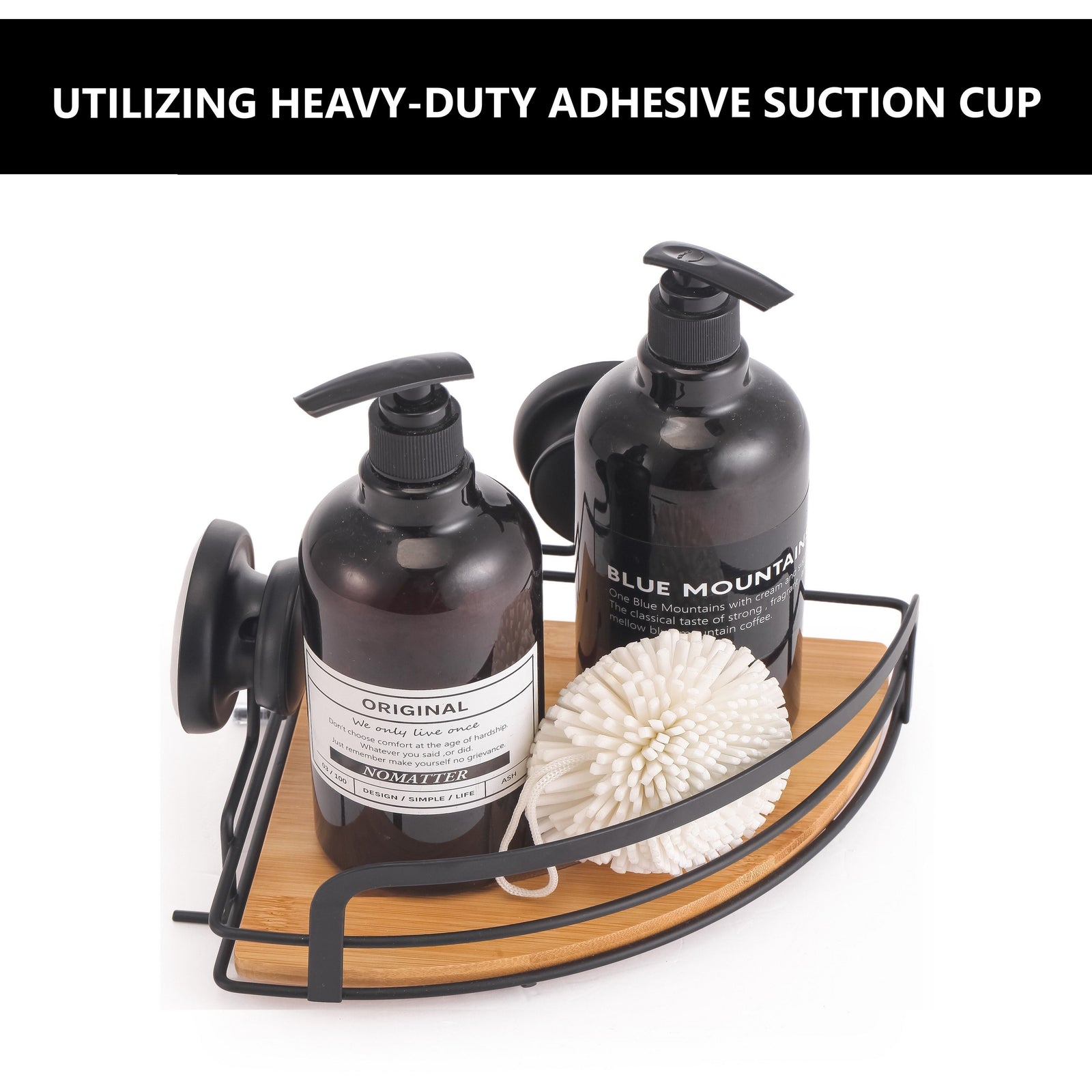 2 Pack Round Bamboo Corner Shower Caddy Shelf Basket Rack with Premium Vacuum Suction Cup No-Drilling for Bathroom and Kitchen