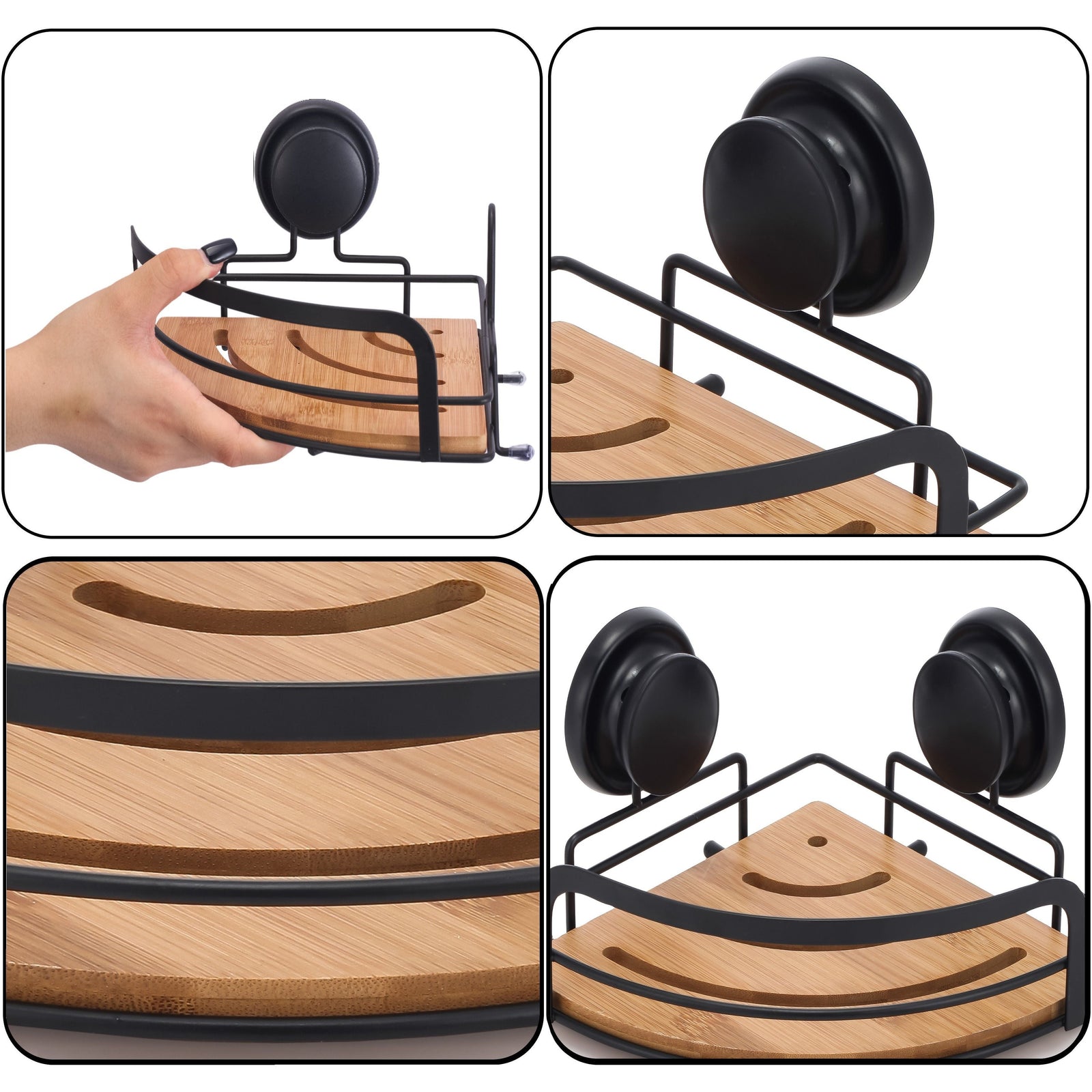 2 Pack Round Bamboo Corner Shower Caddy Shelf Basket Rack with Premium Vacuum Suction Cup No-Drilling for Bathroom and Kitchen